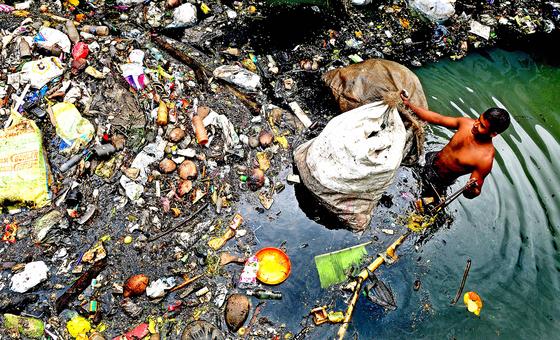 Un recogedor de basura se sumerge hasta la cintura en el agua de un canal de Kochi (India).